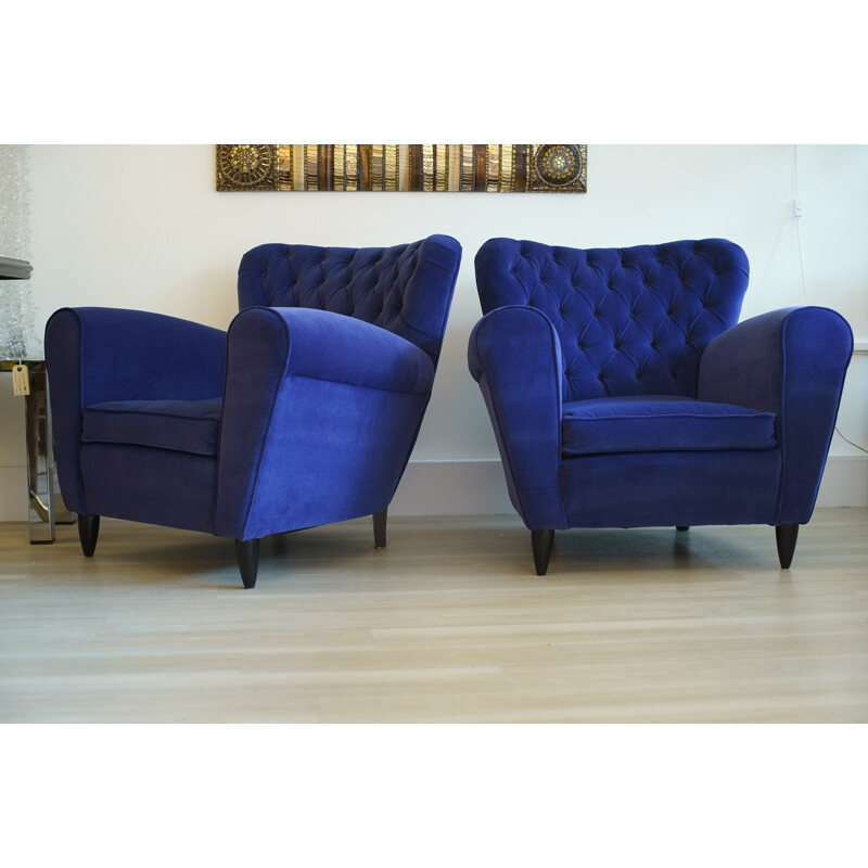 Pair of Italian armchairs in blue velvet, Gugliemo ULRICH - 1940s