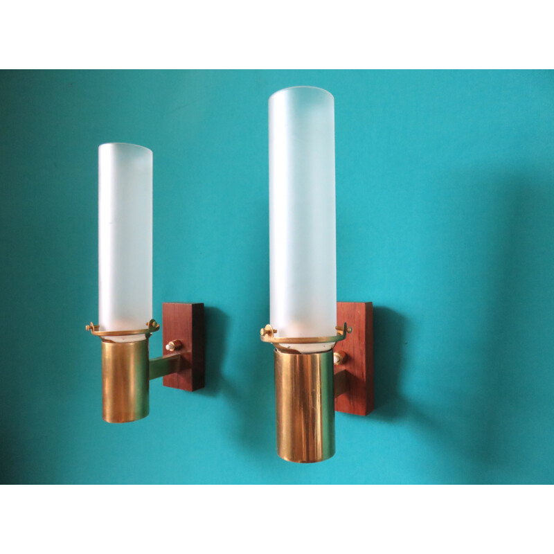 Pair of brass and rosewood wall lights - 1960s