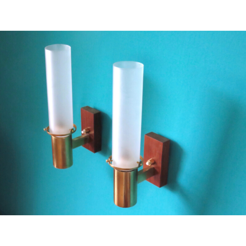 Pair of brass and rosewood wall lights - 1960s