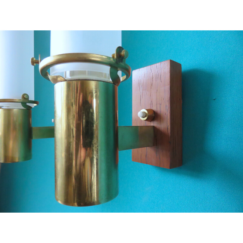 Pair of brass and rosewood wall lights - 1960s