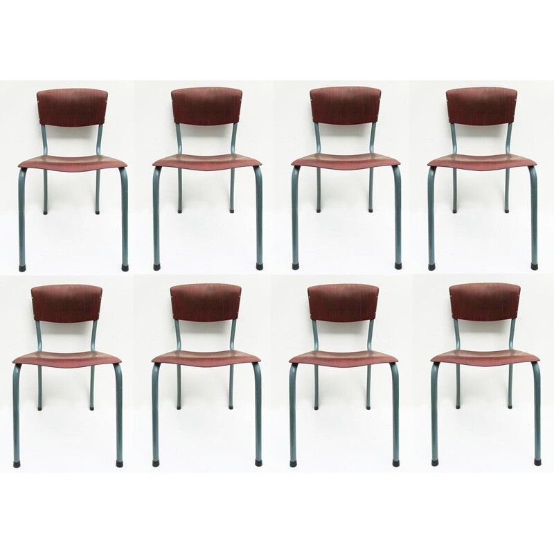 Set of 8 industrial Pagholz chairs in plywood - 1950s