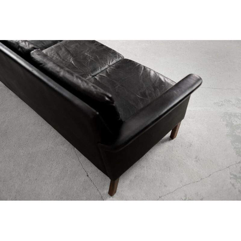 Canapé 3 places danois vintage en cuir noir par Mio, 1960