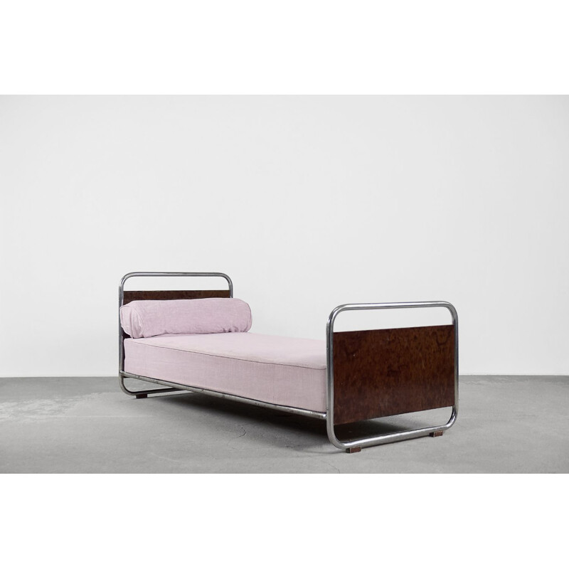 Vintage Art Déco burled wood and tubular steel Bauhaus bed, 1920s