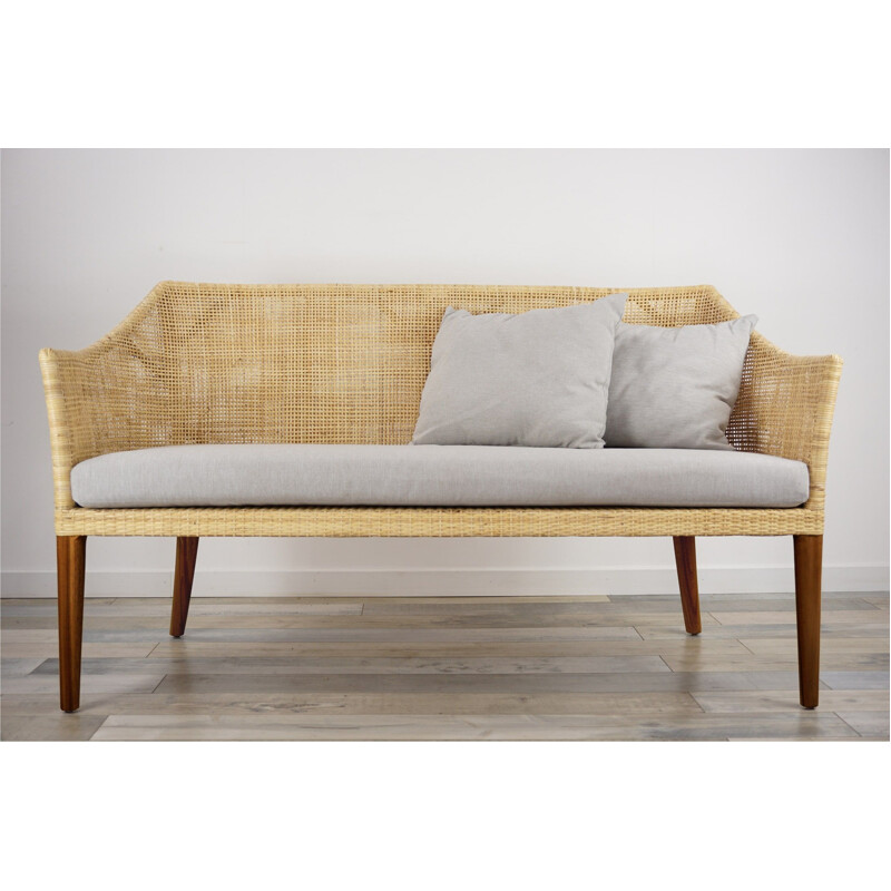 3 seater vintage woven rattan and wood sofa