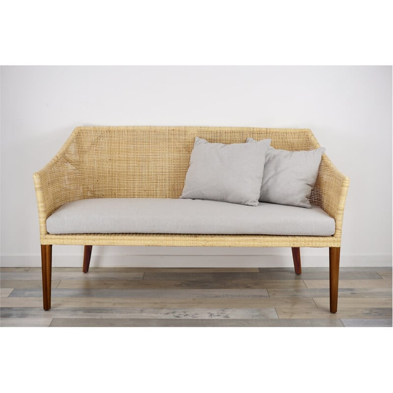 3 seater vintage woven rattan and wood sofa