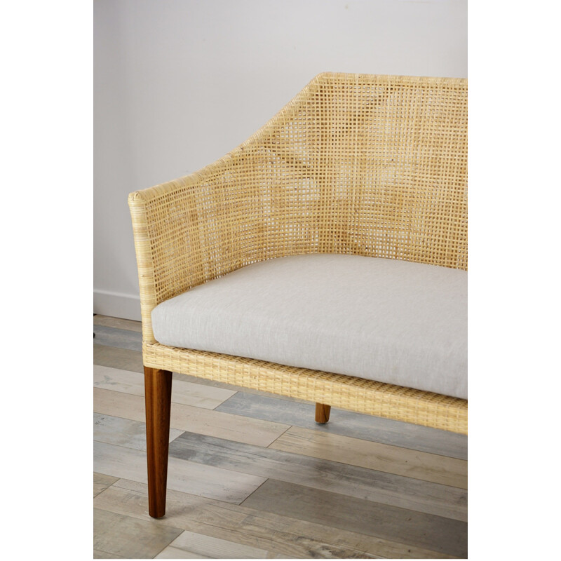 Divano vintage a 3 posti in rattan intrecciato e legno