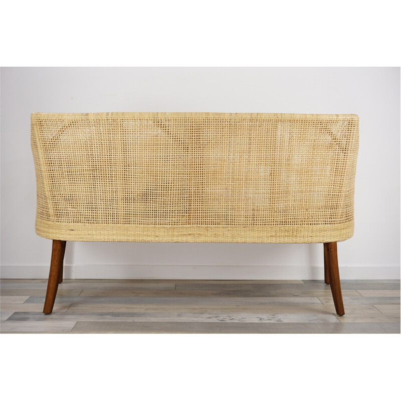 3 seater vintage woven rattan and wood sofa