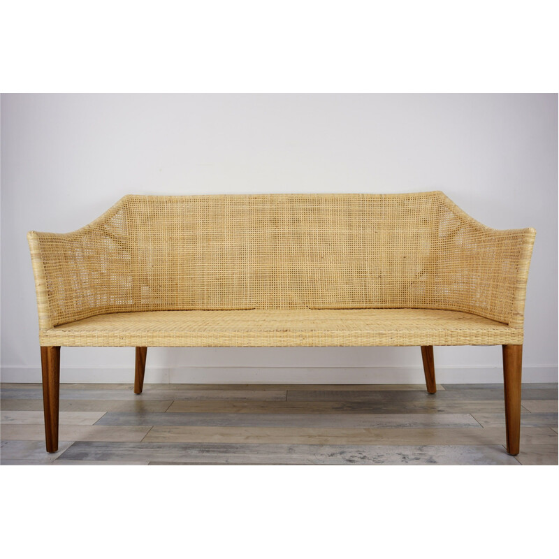 3 seater vintage woven rattan and wood sofa