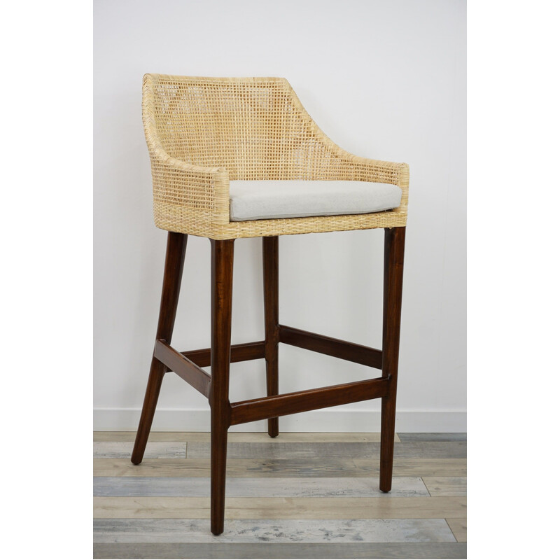 Vintage wood and rattan bar stool, France