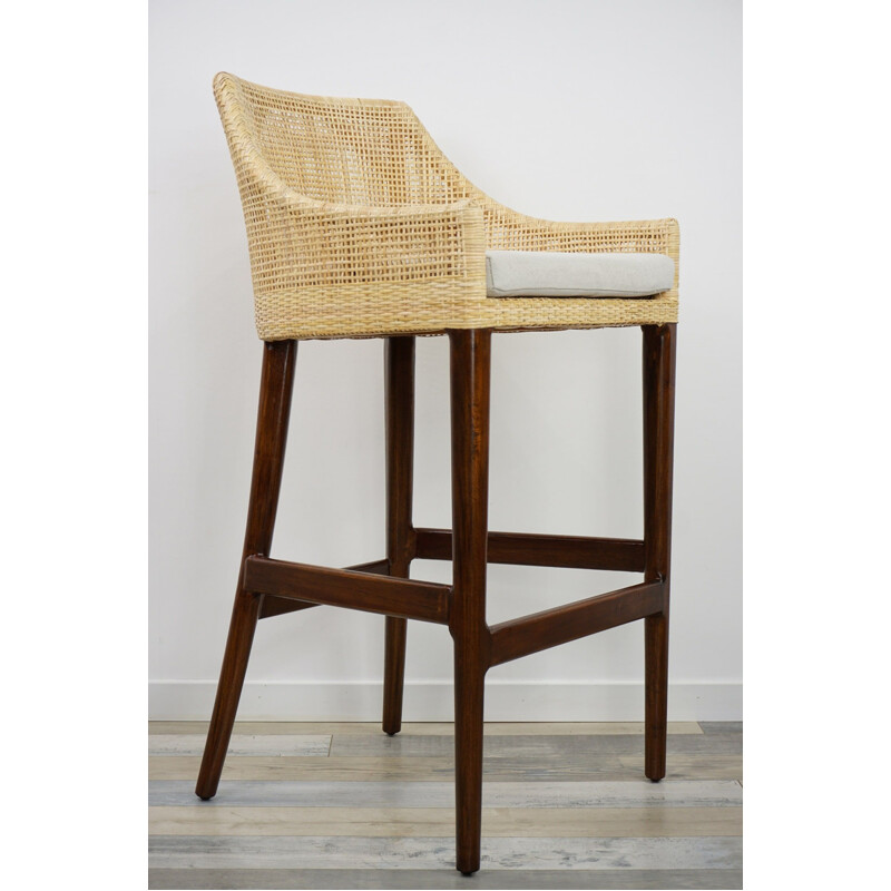 Vintage wood and rattan bar stool, France