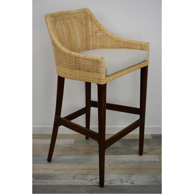 Vintage-Barhocker aus Holz und Rattan, Frankreich