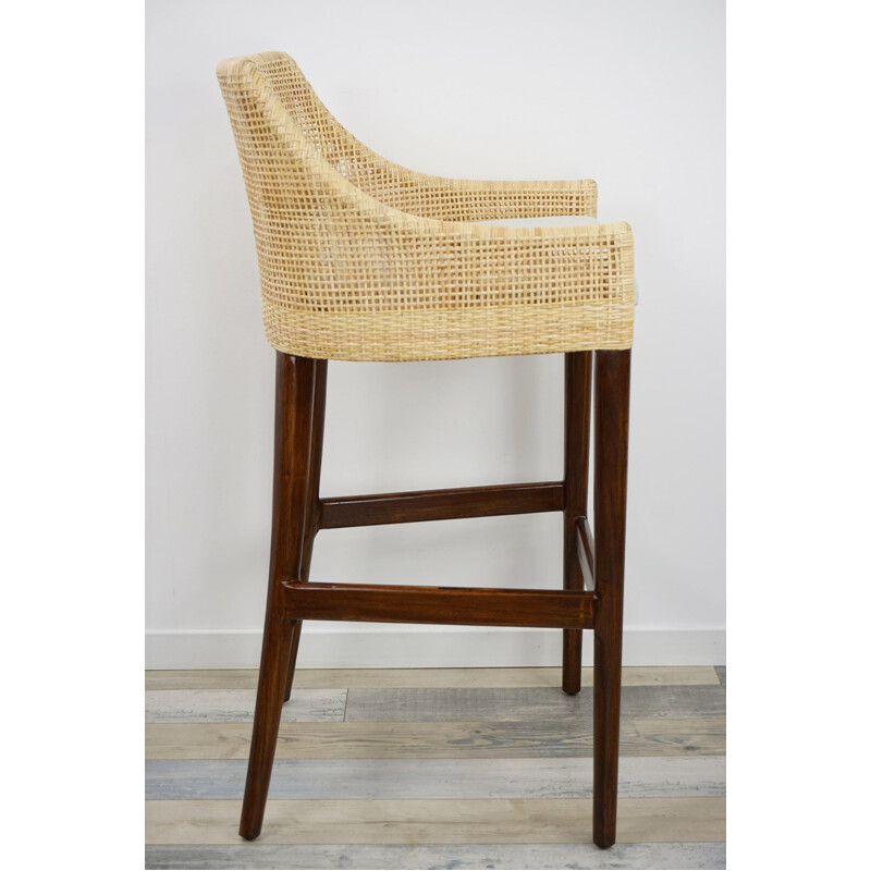 Vintage wood and rattan bar stool, France