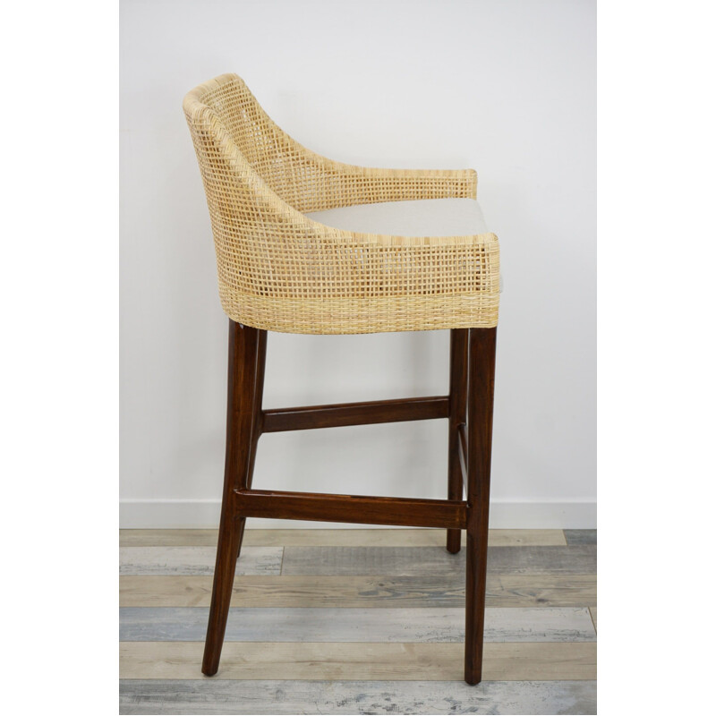 Vintage wood and rattan bar stool, France