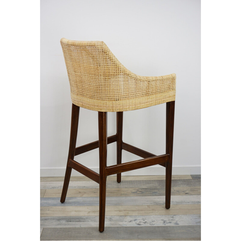 Vintage wood and rattan bar stool, France