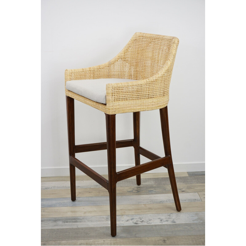 Vintage wood and rattan bar stool, France