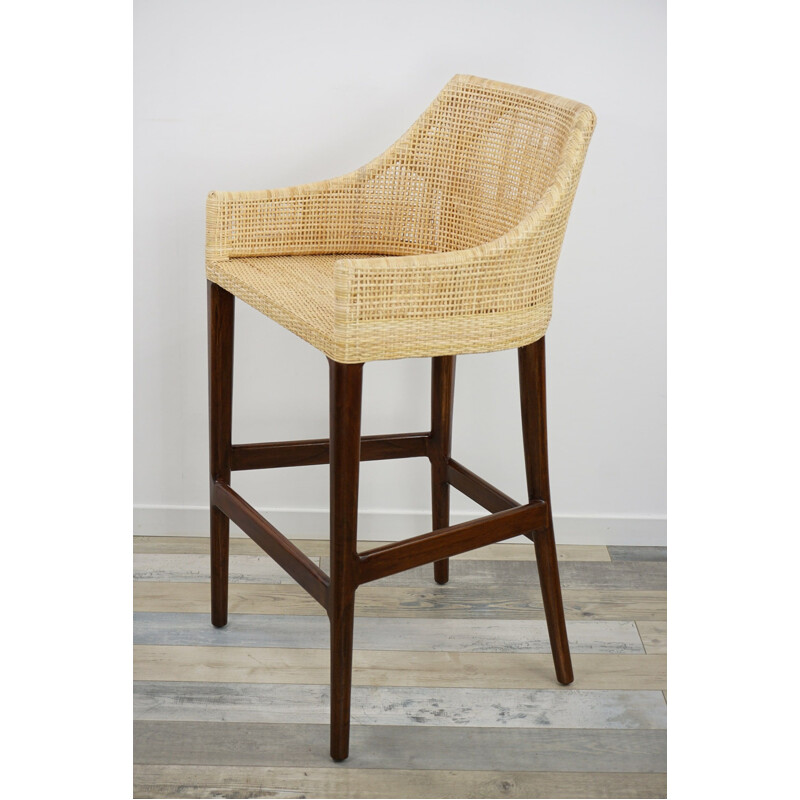 Vintage wood and rattan bar stool, France