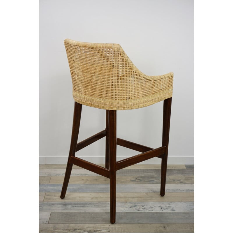 Vintage wood and rattan bar stool, France