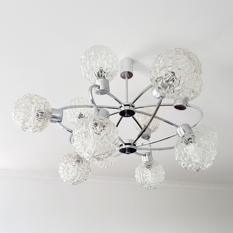 Vintage kroonluchter in chroom en glas van Richard Essig voor VEB Lighting, Duitsland 1970