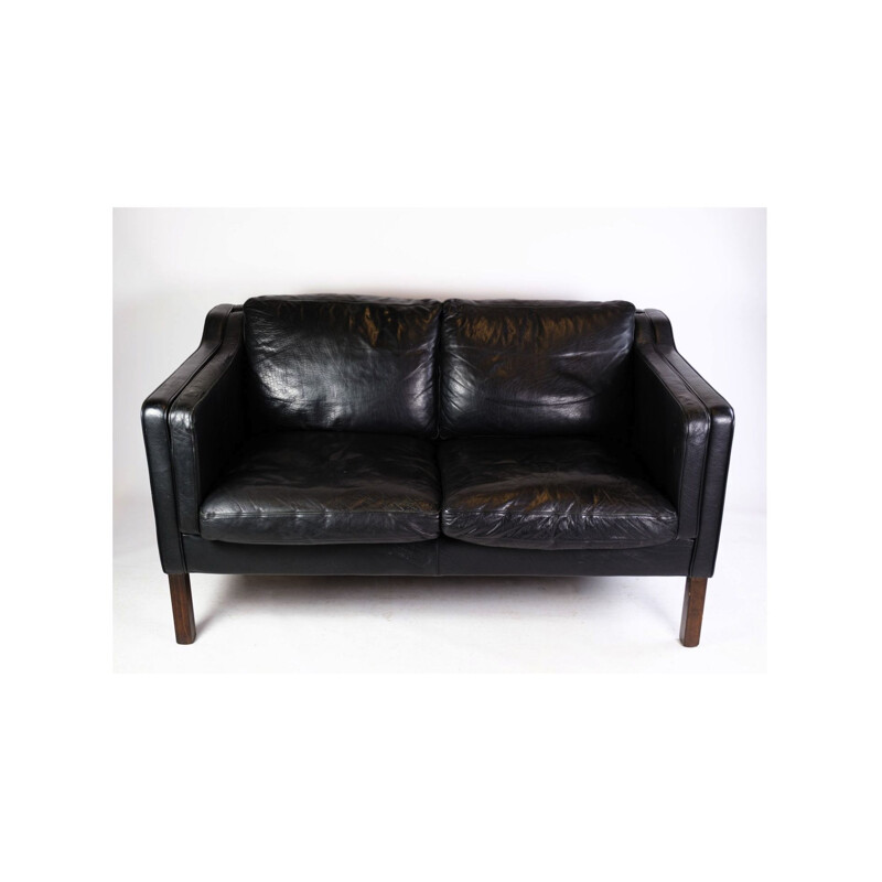 Vintage 2-seater sofa upholstered in black leather by Stouby Møbelfabrik