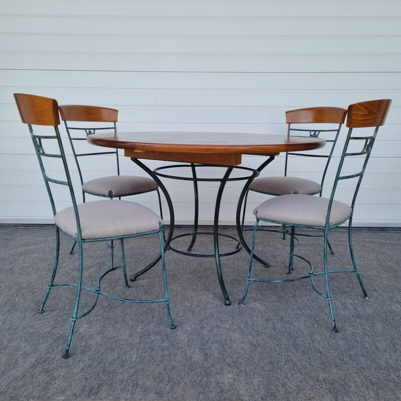 Vintage wrought iron and cherry wood dining set, 1980