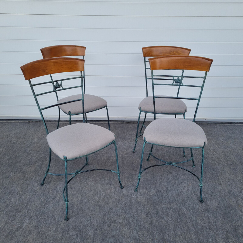 Vintage wrought iron and cherry wood dining set, 1980