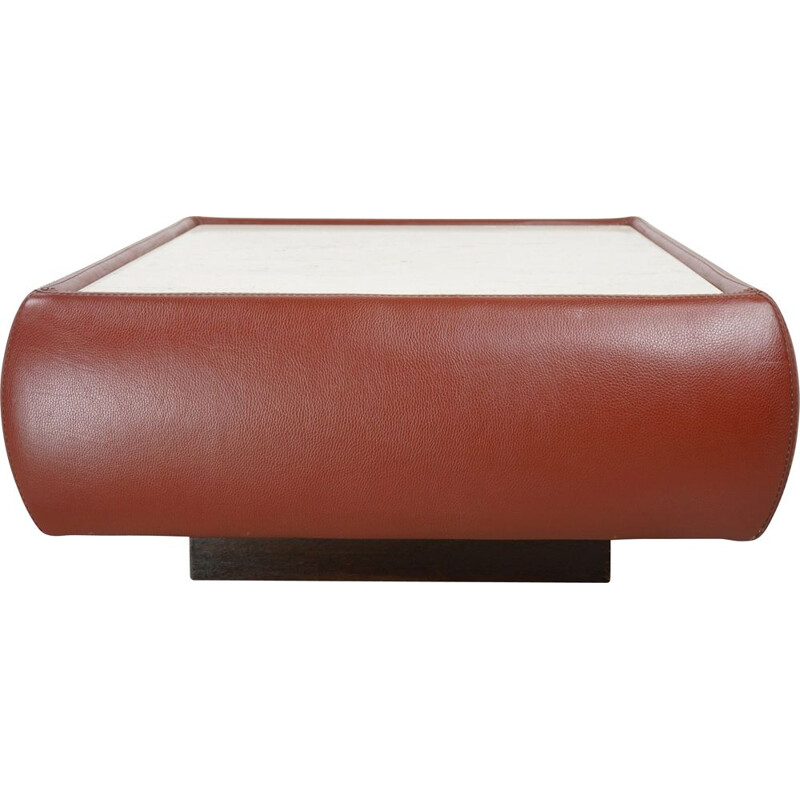Table basse vintage carrée en travertin et cuir, 1970-1980