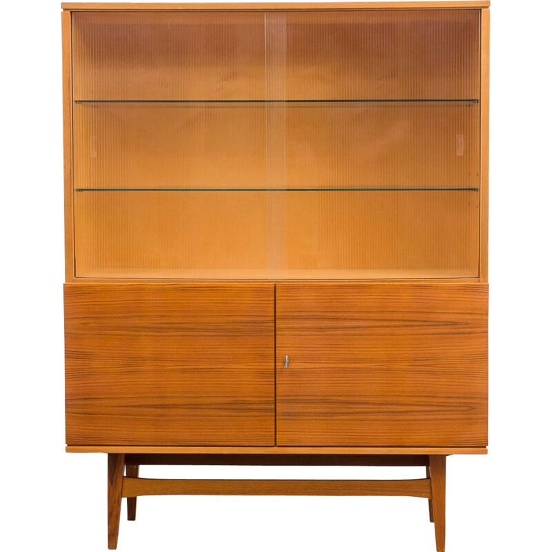 Vintage display cabinet in walnut and structured glass, 1950s