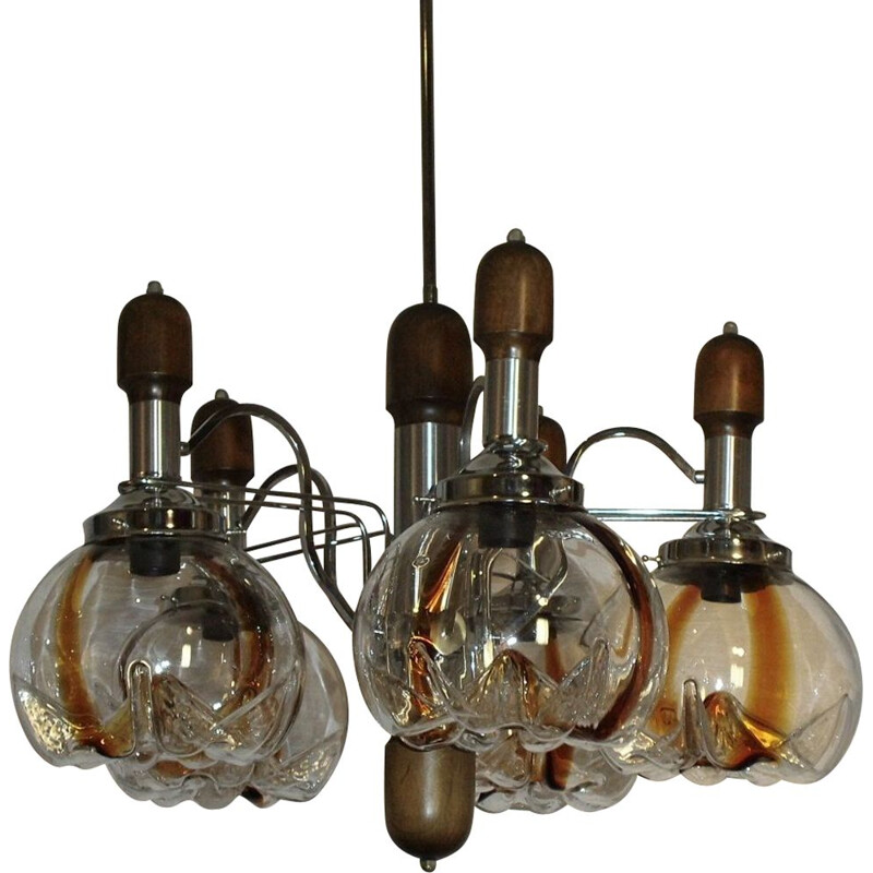 Vintage Murano glass, wood and chrome chandelier for Mazzega, 1960-1970