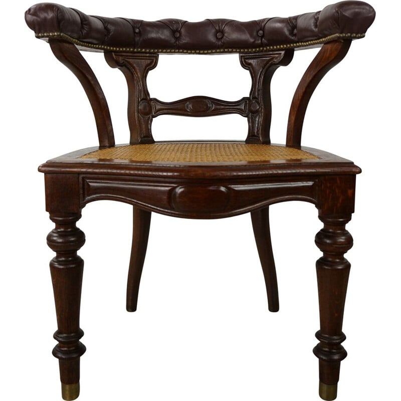 Fauteuil de bureau fauteuil de capitaine vintage en bois, cuir et cannage