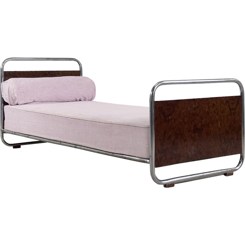 Cama Vintage Art Deco Bauhaus em madeira de burlada e aço tubular, 1920