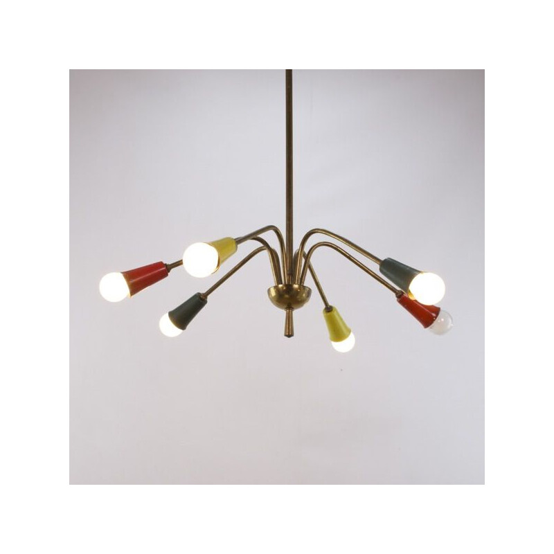 Vintage 6-arm brass chandelier, 1950