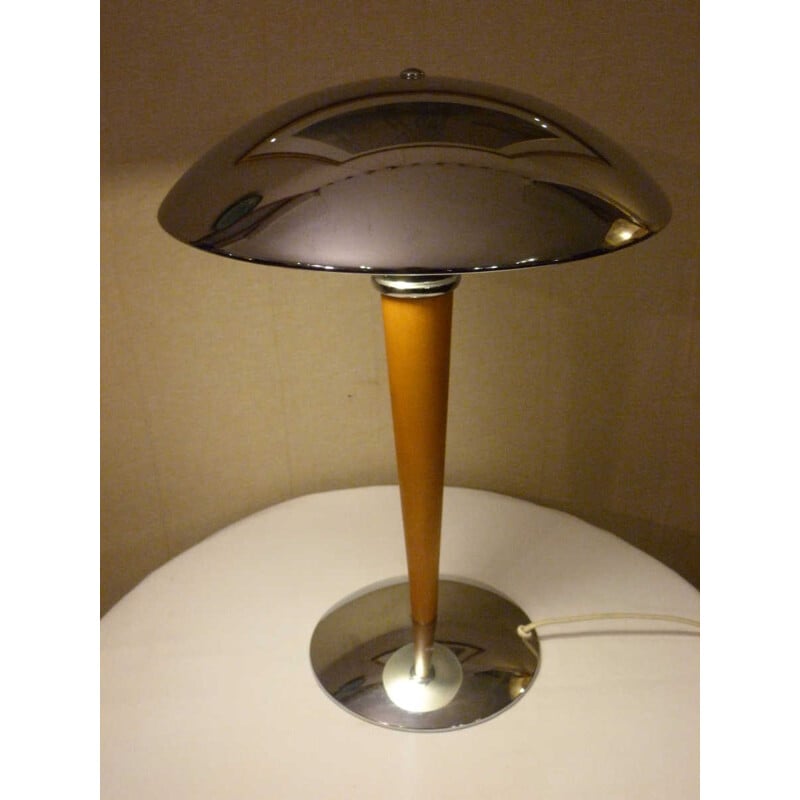 Mushroom table lamp in chromed metal and wood - 1980s