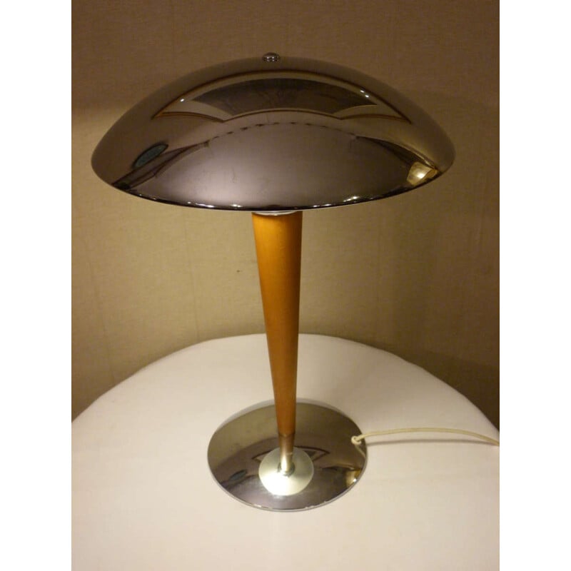 Mushroom table lamp in chromed metal and wood - 1980s