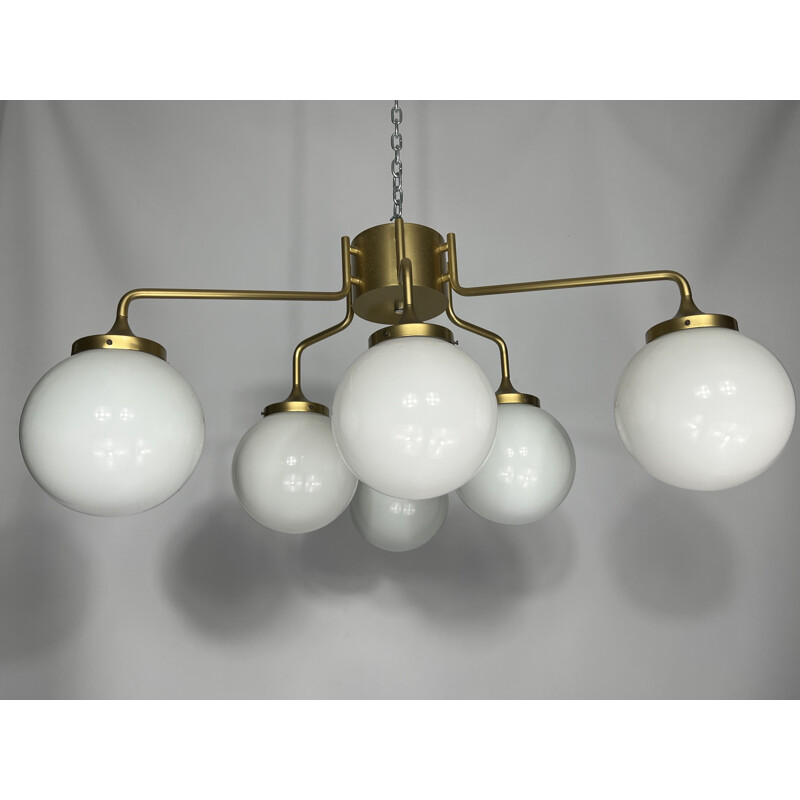 Mid-century brass and milk glass pendant lamp by Reggiani, Italy 1970s