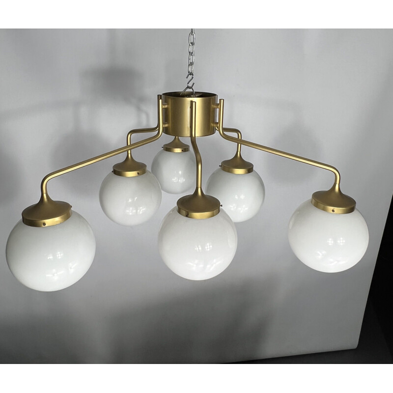 Mid-century brass and milk glass pendant lamp by Reggiani, Italy 1970s