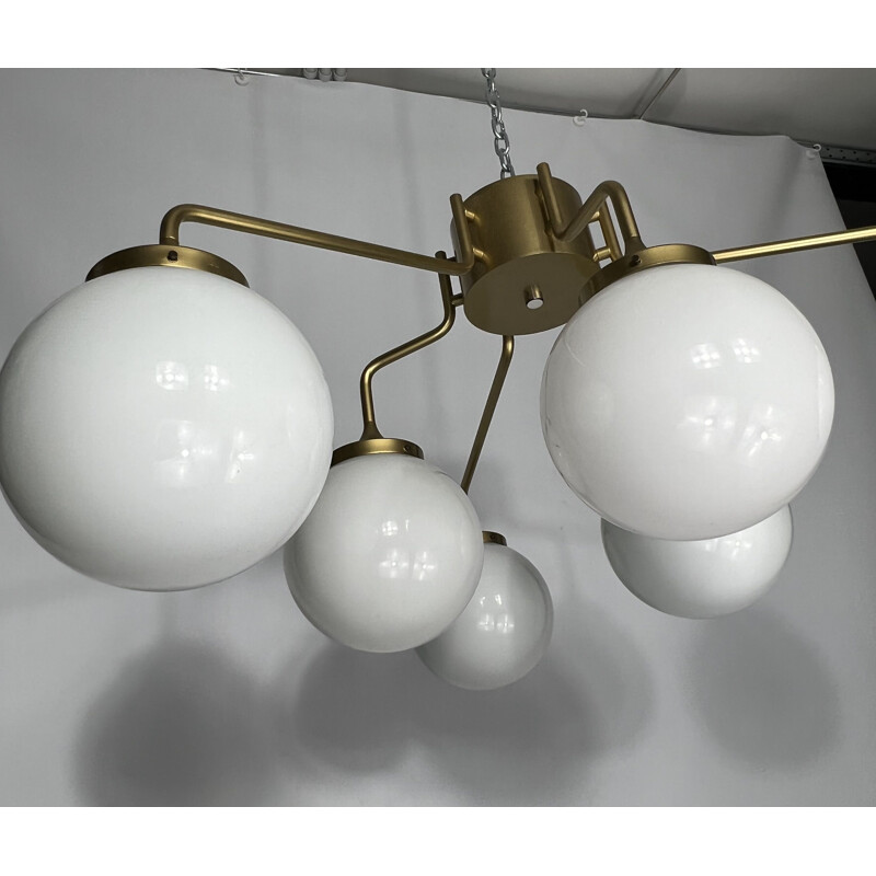 Mid-century brass and milk glass pendant lamp by Reggiani, Italy 1970s