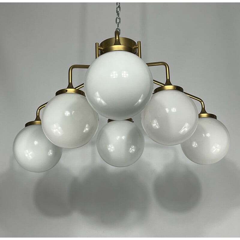 Mid-century brass and milk glass pendant lamp by Reggiani, Italy 1970s