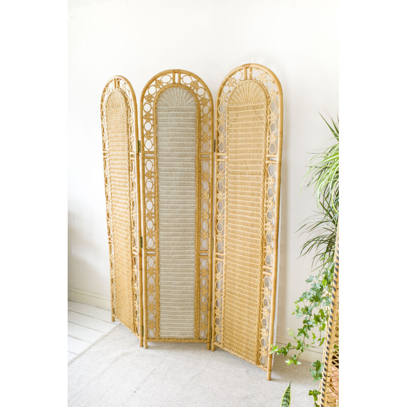 Vintage wicker room divider with Privacy curtains, 1970s