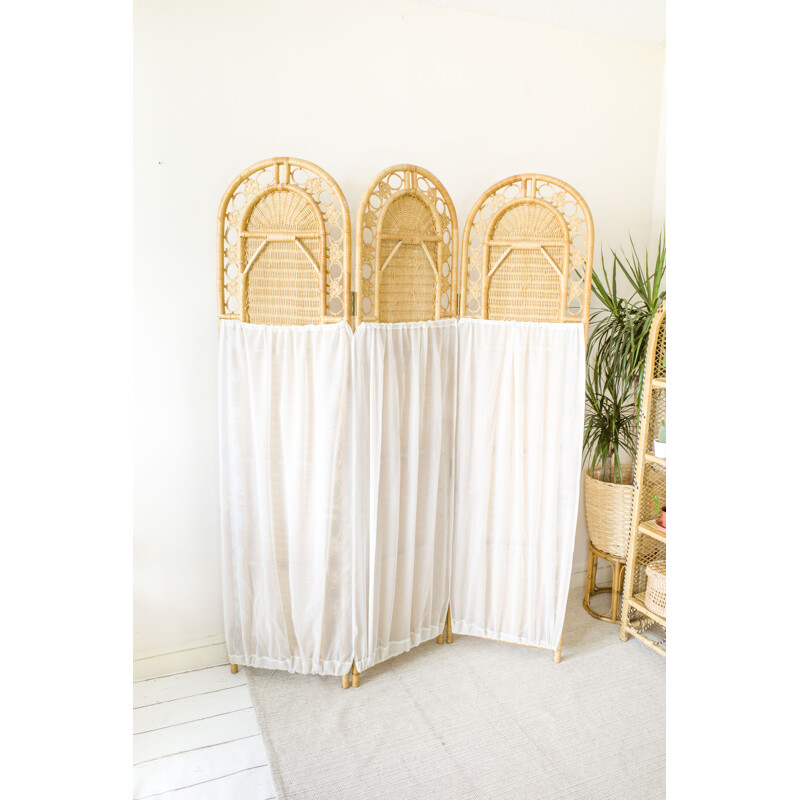 Vintage wicker room divider with Privacy curtains, 1970s
