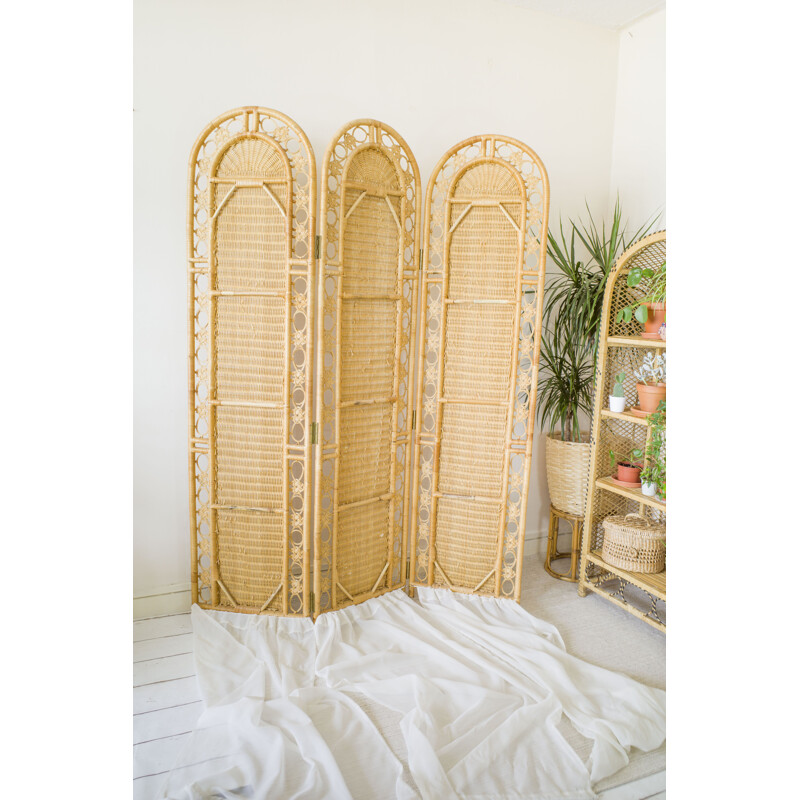 Vintage wicker room divider with Privacy curtains, 1970s