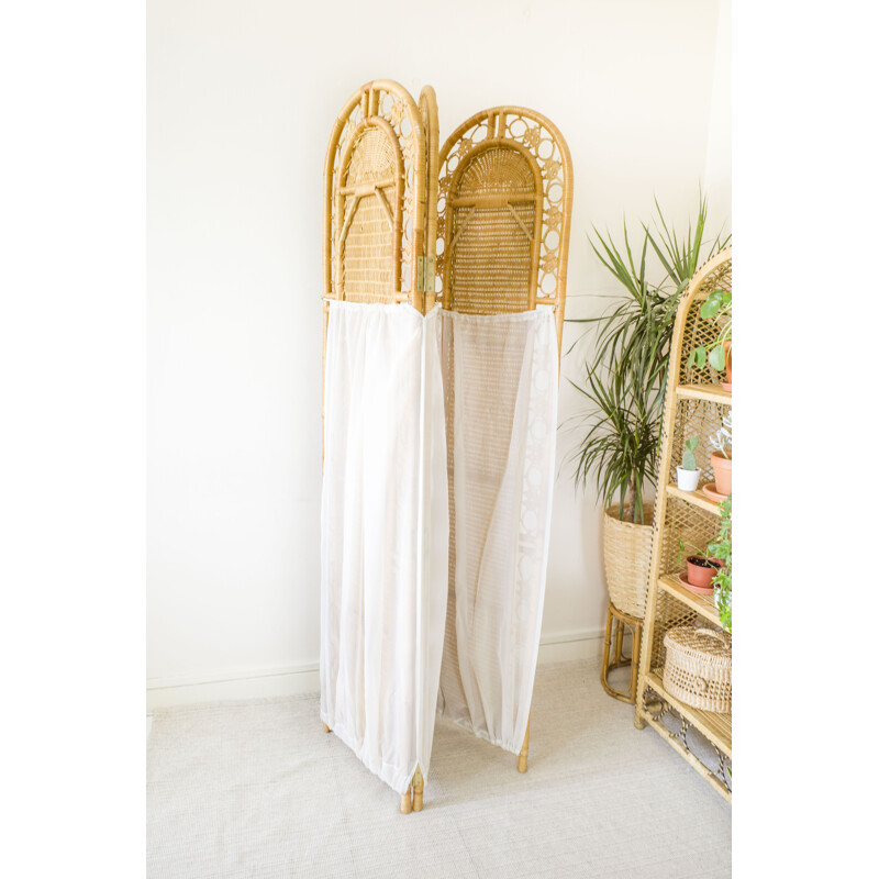 Vintage wicker room divider with Privacy curtains, 1970s