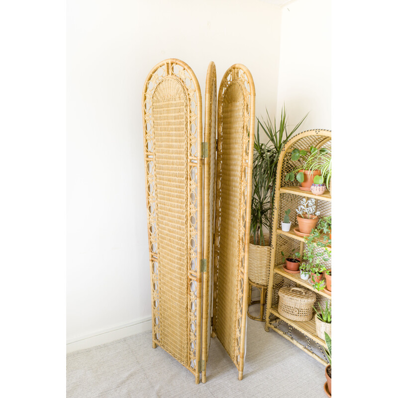 Vintage wicker room divider with Privacy curtains, 1970s