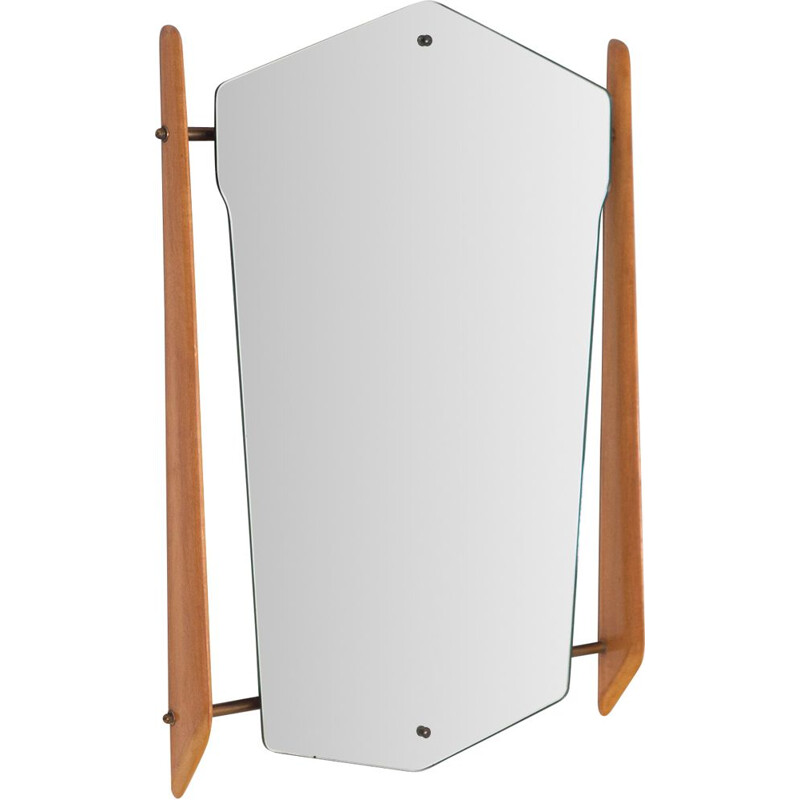 Vintage Italian wall mirror with maple wood and brass frame, 1950s