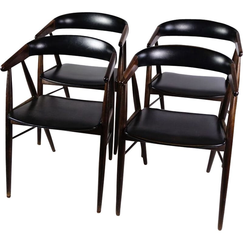 Ensemble de 4 chaises vintage en palissandre et cuir noir par Aksel Bender et Ejnar Larsen, 1960