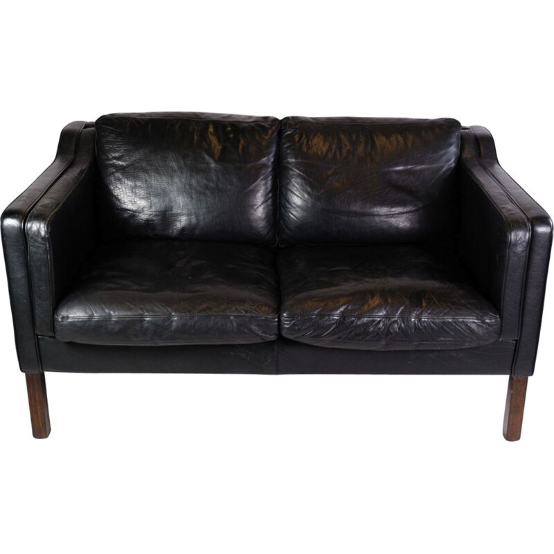 Vintage 2-seater sofa upholstered in black leather by Stouby Møbelfabrik