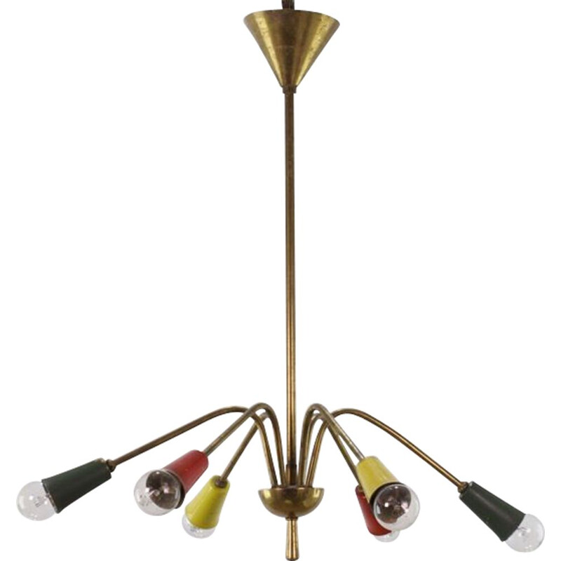 Vintage 6-arm brass chandelier, 1950