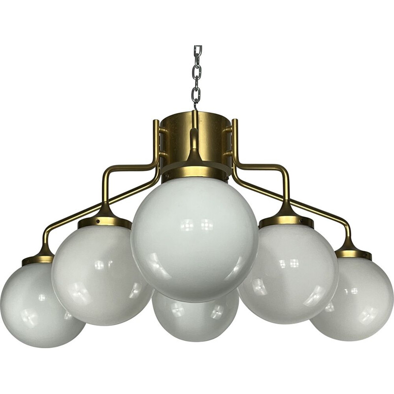 Mid-century brass and milk glass pendant lamp by Reggiani, Italy 1970s