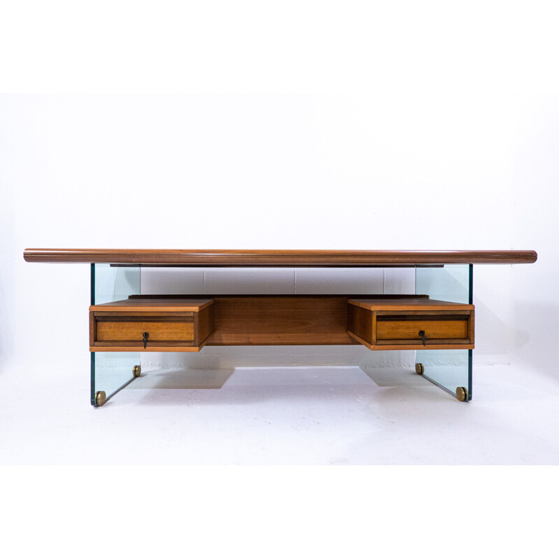 Mid-century desk in glass, wood, leather and bronze by Tosi, Italy 1968