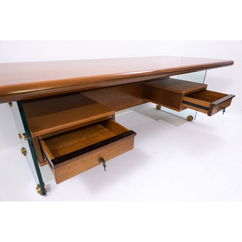 Mid-century desk in glass, wood, leather and bronze by Tosi, Italy 1968