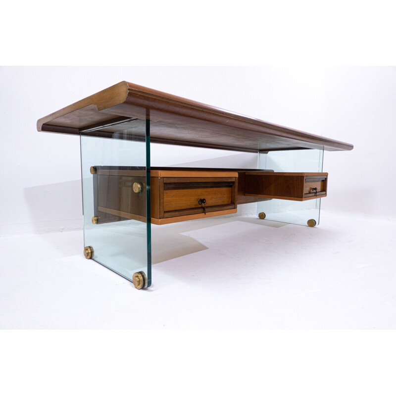 Mid-century desk in glass, wood, leather and bronze by Tosi, Italy 1968